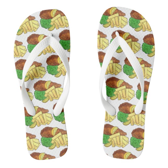 Fish and Chips Peas British Pub Chip Shop Takeaway Flip Flops (Footbed)