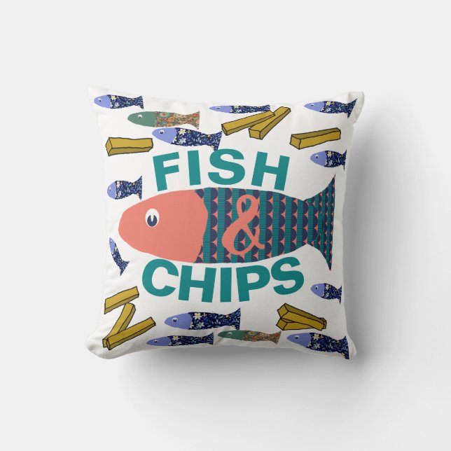 Fish and Chips, Seaside, chippy, Beach house Throw Pillow (Front)