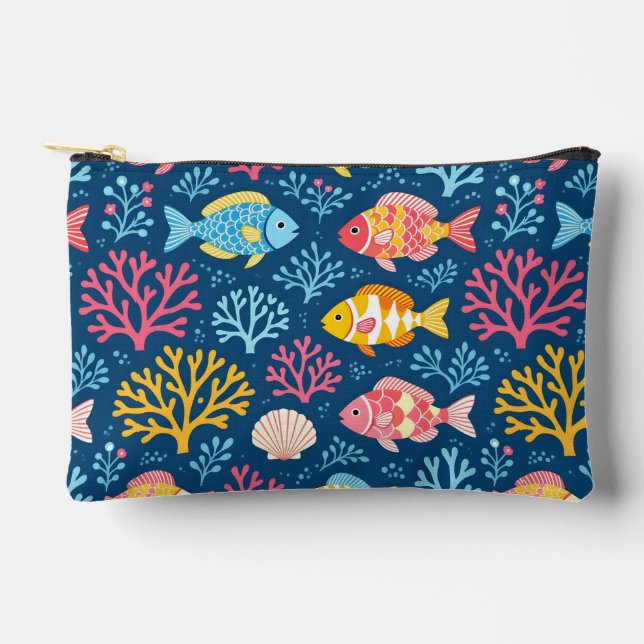 Fish and coral nautical blue accessory pouch (Front)