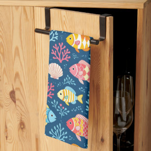 Fish and coral nautical blue kitchen towel