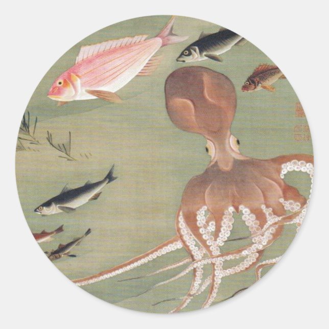 Fish and Octopus Marine Life Illustration Classic Round Sticker (Front)