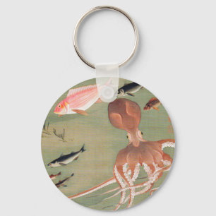 Fish and Octopus Marine Life Illustration Keychain
