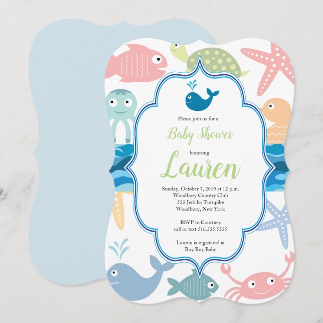 Fish and sea creatures baby shower invitation. invitation (Front/Back)