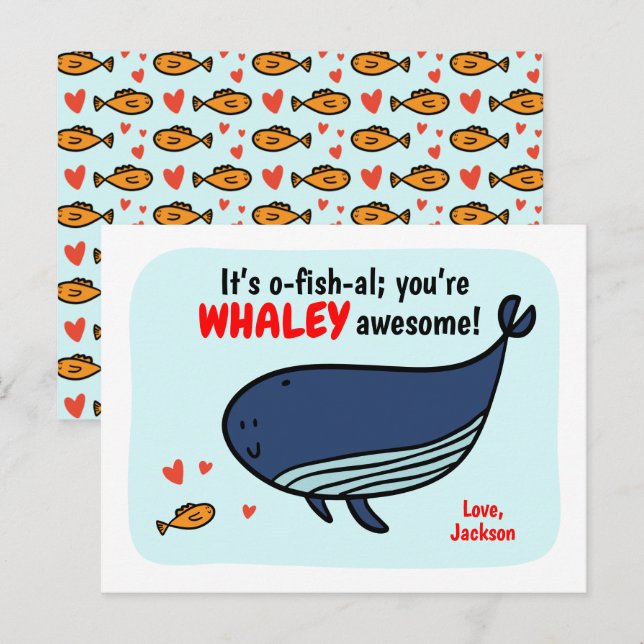 Fish and Whale Class Valentine Cards for Kids (Front/Back)