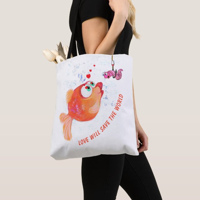 Fish and Worm Love Romantic Tote Bag Fun (Close Up)