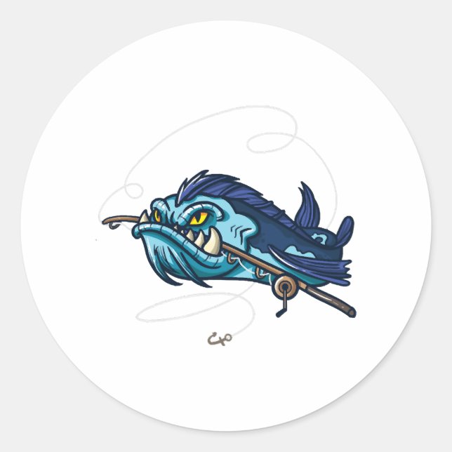 Fish Angry Fish with Rod Classic Round Sticker (Front)