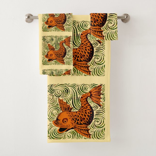 Fish Antique Tile Old art ancient Bath Towel Set (Insitu)