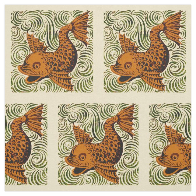 Fish Antique Tile Old art ancient Fabric (Swatch)