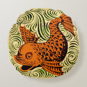 Fish Antique Tile Old art ancient Round Pillow