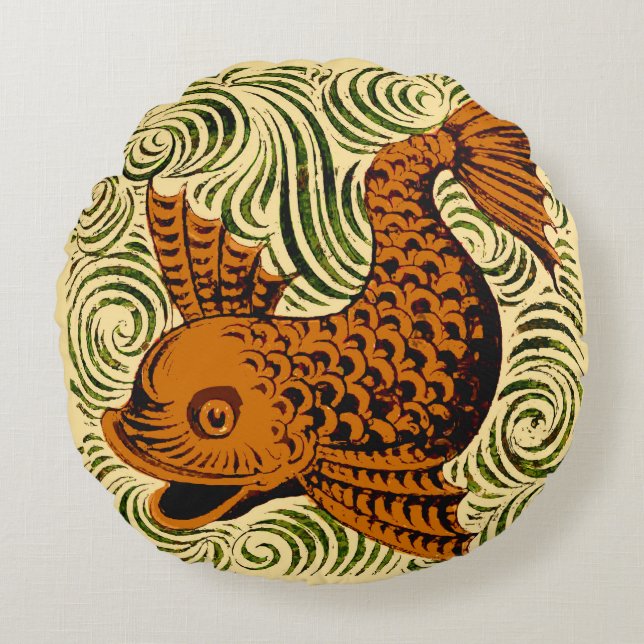 Fish Antique Tile Old art ancient Round Pillow (Front)