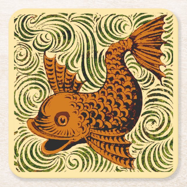 Fish Antique Tile Old art ancient Square Paper Coaster (Front)