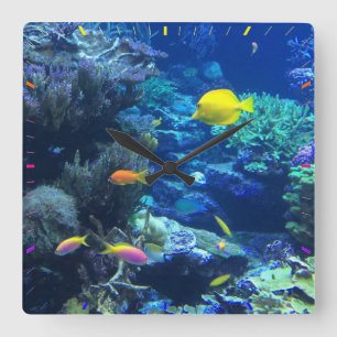 FISH AQUARIUM. TROPICAL FISH SQUARE WALL CLOCK