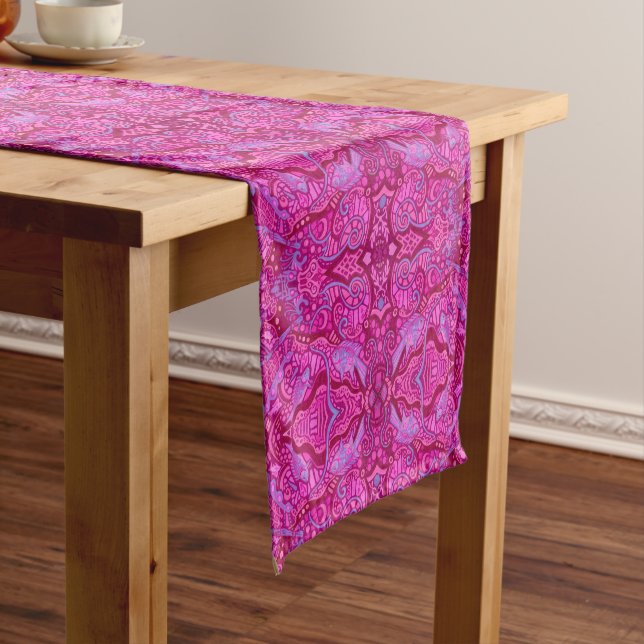 Fish Arabesque Underwater Bohemian Pattern Pink Short Table Runner (In Situ)