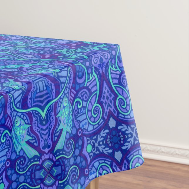 Fish Arabesque Underwater Bohemian Pattern Violet Tablecloth (In Situ)