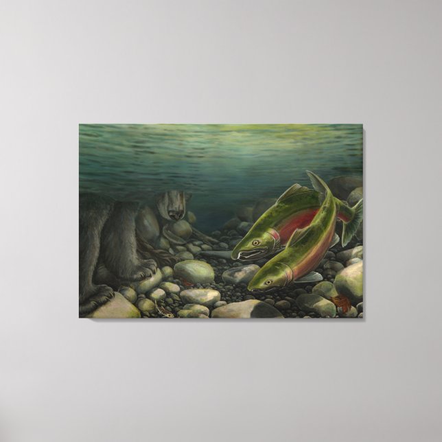 Fish Art Canvas Coho Salmon w. Bear Canvas Print (Front)