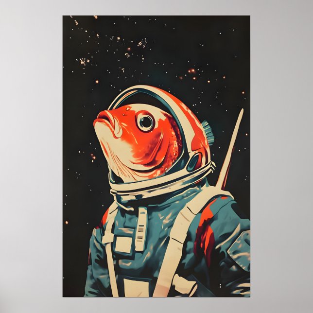 Fish Astronaut Poster, Fish Retro Print, Fish Poster (Front)