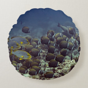Fish at coral reef in the Oceanbackground,colorful Round Pillow