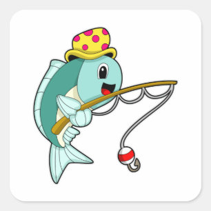 Fish at Fishing with Fishing rod & Hat Square Sticker