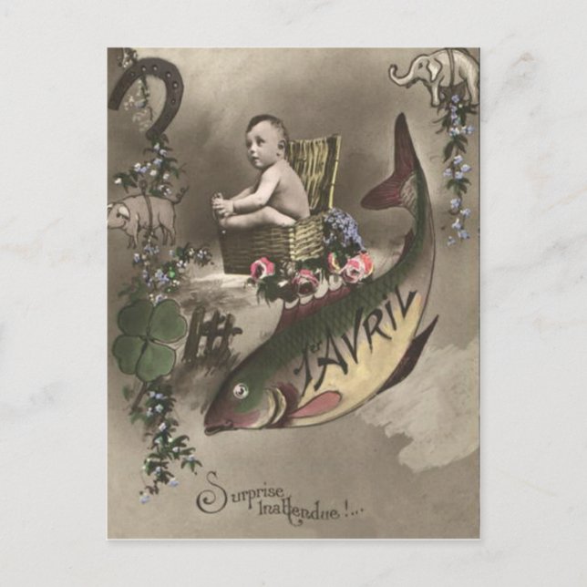 Fish Baby Four Leaf Clover Poisson d'avril Postcard (Front)