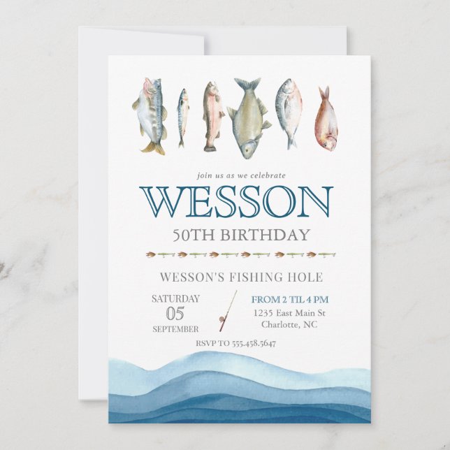Fish Birthday Invitation, Fishing Male Birthday Invitation (Front)