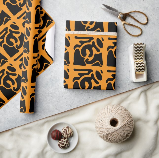 Fish Black and Orange Freeform Pattern Wrapping Paper (Crafts)