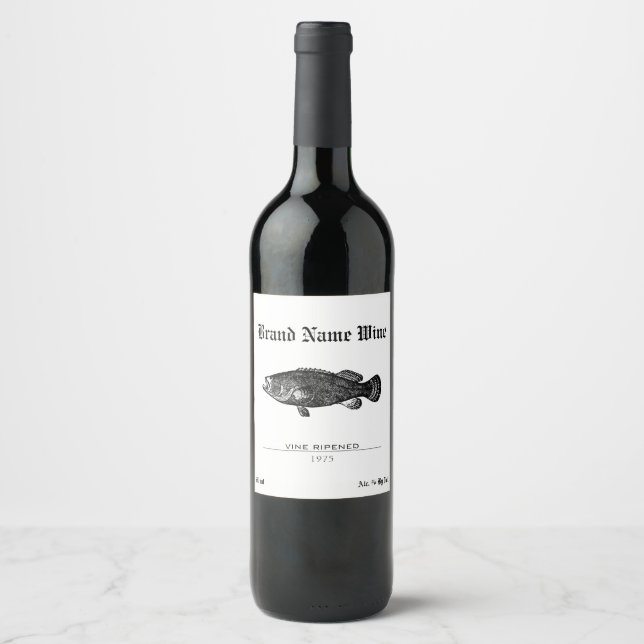 Fish Black & White Minimalist Black Grouper Wine Label (Front)
