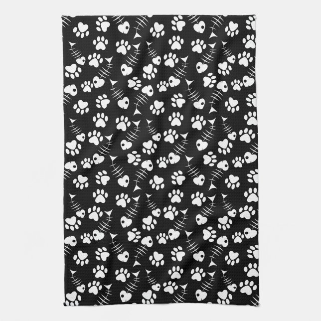 fish bone cat print pattern kitchen towel (Vertical)