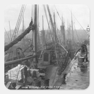 Fish docks, Grimsby, early 20th century Square Sticker