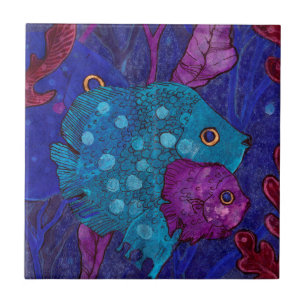 Fish Family, Mother & Baby Blue Purple Underwater Tile