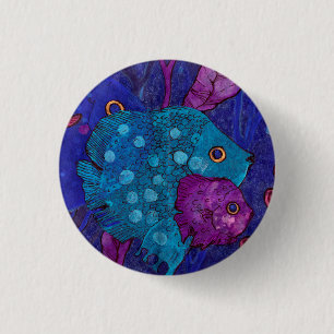 Fish Family, Underwater, Blue & Purple 1 Inch Round Button