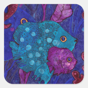 Fish Family, Underwater, Blue & Purple Square Sticker