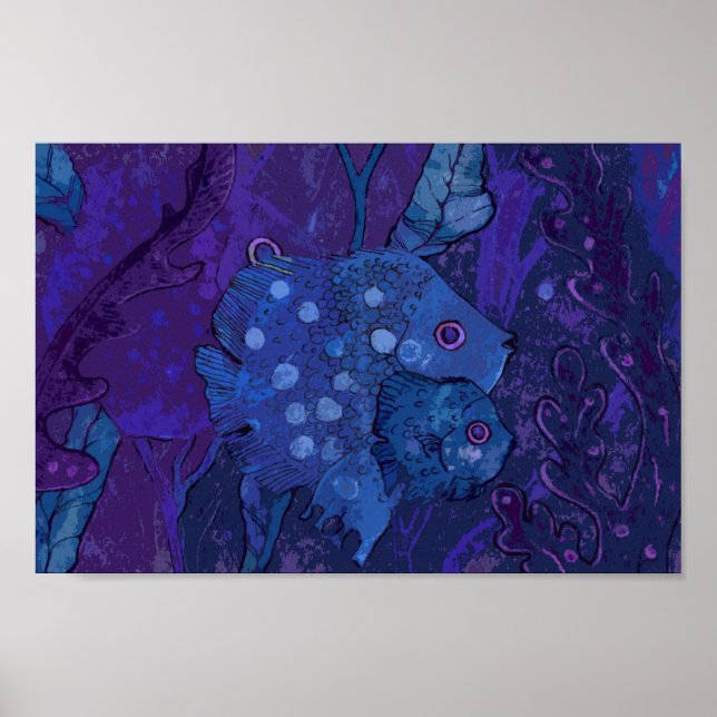 Fish Family, Underwater Ocean Animal Art Navy Blue Poster (Front)