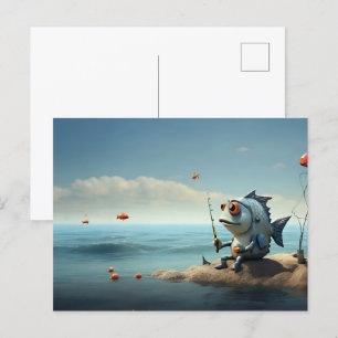 Fish fishing conceptual art postcard
