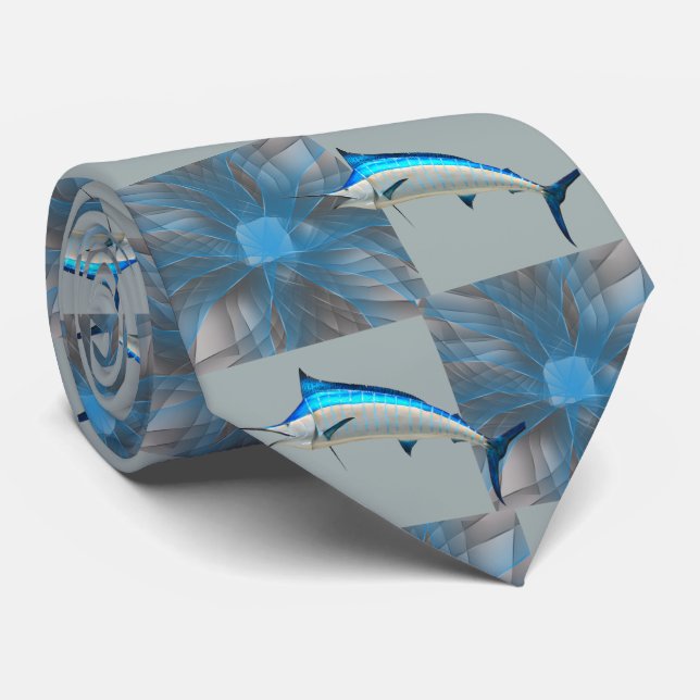 Fish Fishing Marlin On Blue Swirl / Grey Block Tie (Rolled)
