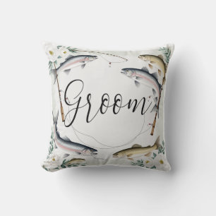 Fish Fishing Rod and Flowers for Groom Throw Pillow