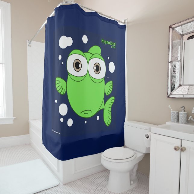 Fish (Green, navy Blue Bg) Shower Curtain (In Situ)