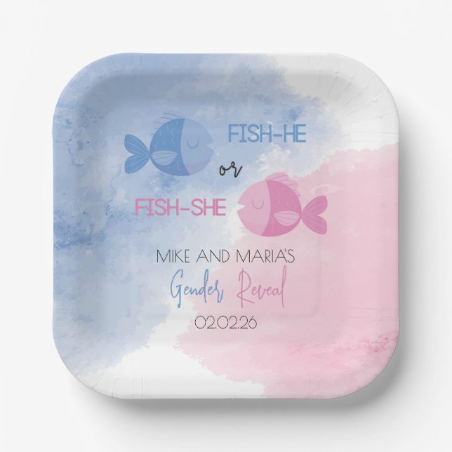 Fish-he or Fish-she gender reveal plates (Front)