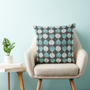 Fish Head Leaves Dusty Duck Egg Blue White Grey Throw Pillow