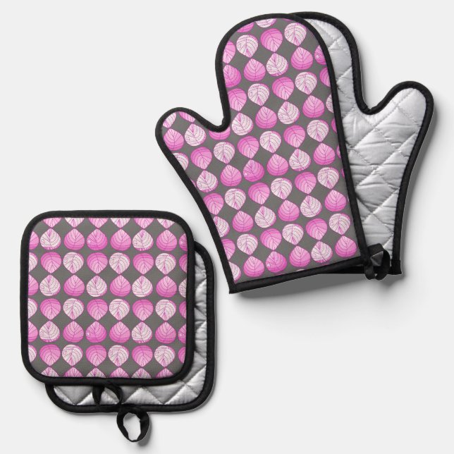 Fish Head Leaves Pastel Fuchsia Magenta White Grey Oven Mitt & Pot Holder Set (Front/Back)