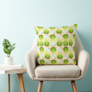 Fish Head Leaves Pea Green White Beige Yellow Throw Pillow