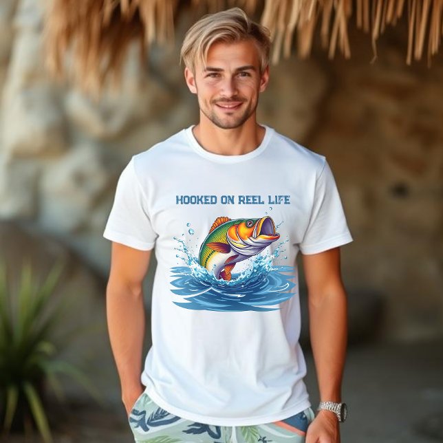 Fish-Hooked on Reel Life-Fisherman Core- T-Shirt (Hooked On Reel Life-Fish jumping out of the water-T shirt for Men-Fisherman Core Surf Fishing Summer)