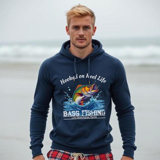 Fish-Hooked on Reel Life Hoodie (Bass Fishing Hooked on Reel Life Lake Fisherman Trend, for him, Father's Day Gift, Blue Hoodie, Fish)