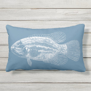 Fish Illustration Medium Blue and White Lumbar Pillow
