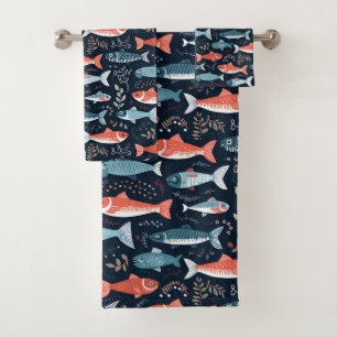 Fish Illustration on Navy Background Bath Towel Set