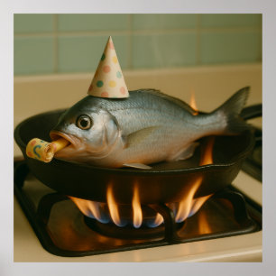 Fish In A Skillet With A Party Hat On Poster
