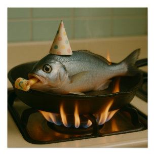 Fish In A Skillet With A Party Hat On Poster