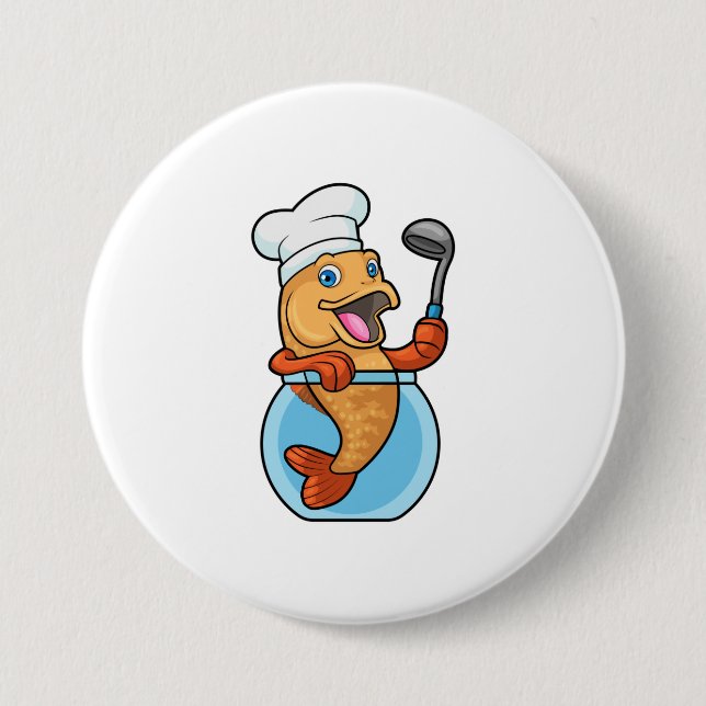 Fish in Glass as Cook with Soup spoon 3 Inch Round Button (Front)