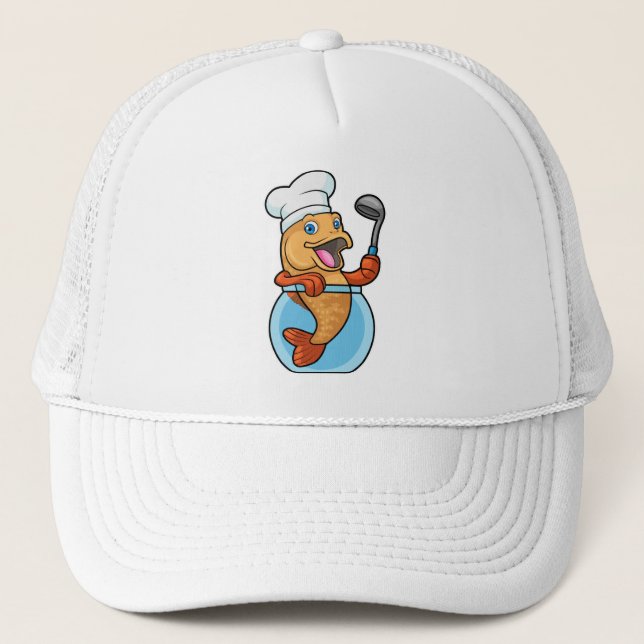 Fish in Glass as Cook with Soup spoon Trucker Hat (Front)