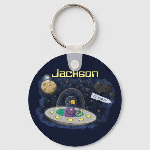 Fish in UFO alien space ship cartoon illustration Keychain