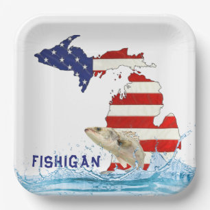 Fish In Water with Flag Michigan Paper Plate